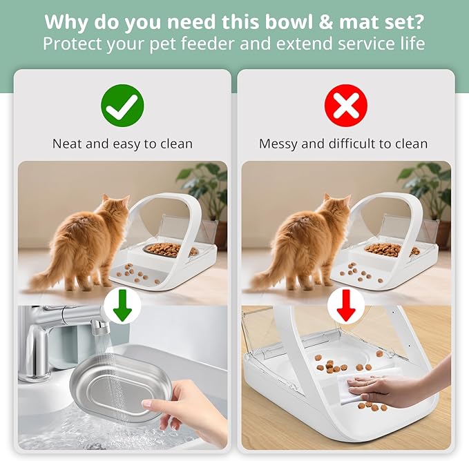 Stainless Steel Bowl for Automatic Microchip Cat Pet Feeder, Sealing Ring Design for Keeping Food Fresh and Reducing Odor, SUS 304, Easy to Clean, 2 Bowls & 1 Mat Set