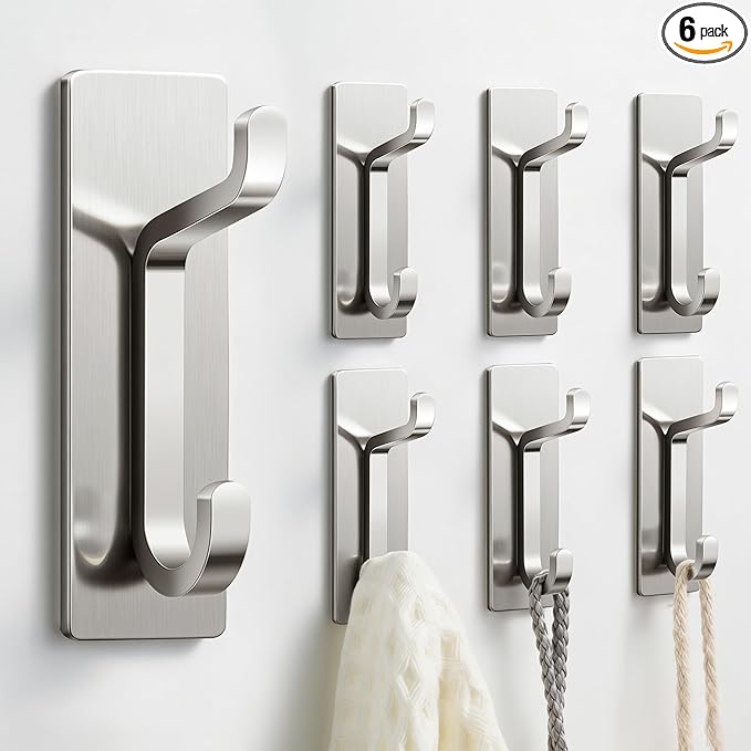 pickpiff Wall Hooks for Coat and Towel: 13LB Adhesive Door Hanger Stick on, Brushed Nickel 6 Pack