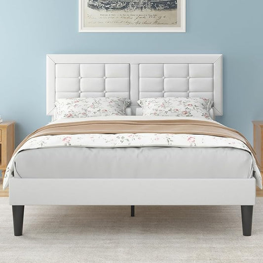 VECELO Full Size Bed Frame with Adjustable Headboard, Upholstered Button Tufted Platform Bedframe with Wood Slats Support, No Box Spring Needed, Linen & White