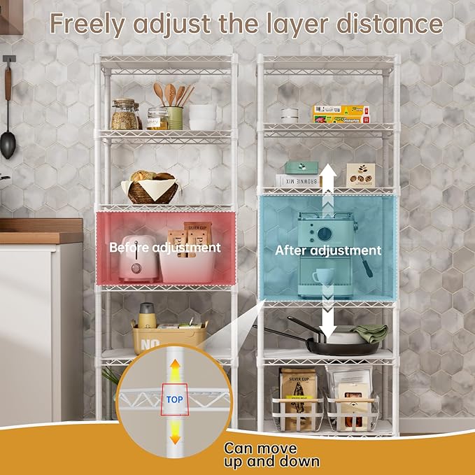 SINGAYE 6 Small Wire Shelves Kitchen Pantry Close Home Organizers and Storage Bathroom Shelf Laundry Room Organization Adjustable Book Metal Garage Shelving Unit