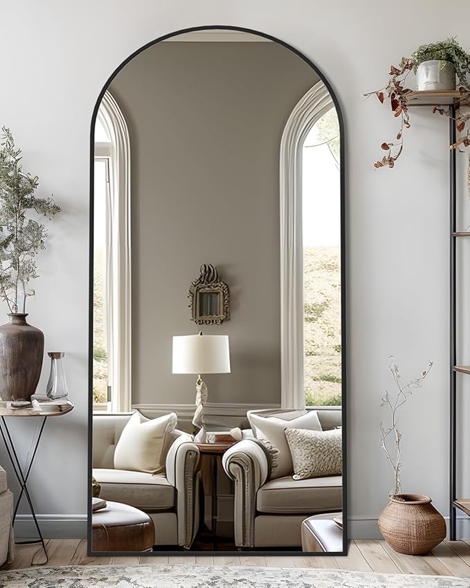 Full Length Mirror, 71"x32" Arched Floor Mirror Freestanding, Oversized Floor Standing Full Body Mirror with Stand for Bedroom, Hanging Mounted for Living Room Cloakroom, Black