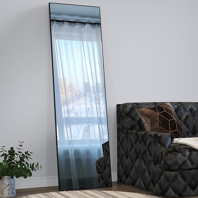 ANYHI Large Full Length Mirror, 60" x 18" Door Mirror Full Length, 2 Hooks, Over The Door or Wall Monuted, Aluminum Frame, for Bedroom Bathroom Checkroom, Black