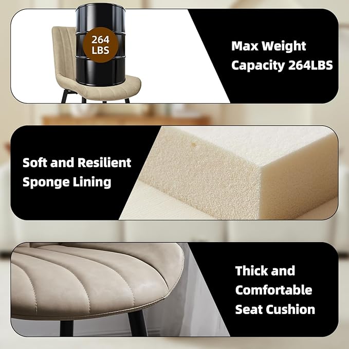 Dining Chairs Set of 4, Faux Leather Modern Linear Design Dining Chair with Metal Legs, 16.9" Seat Width Chair for Kitchen, Lounge, Reception Room, Restaurant, Commercial (Beige)