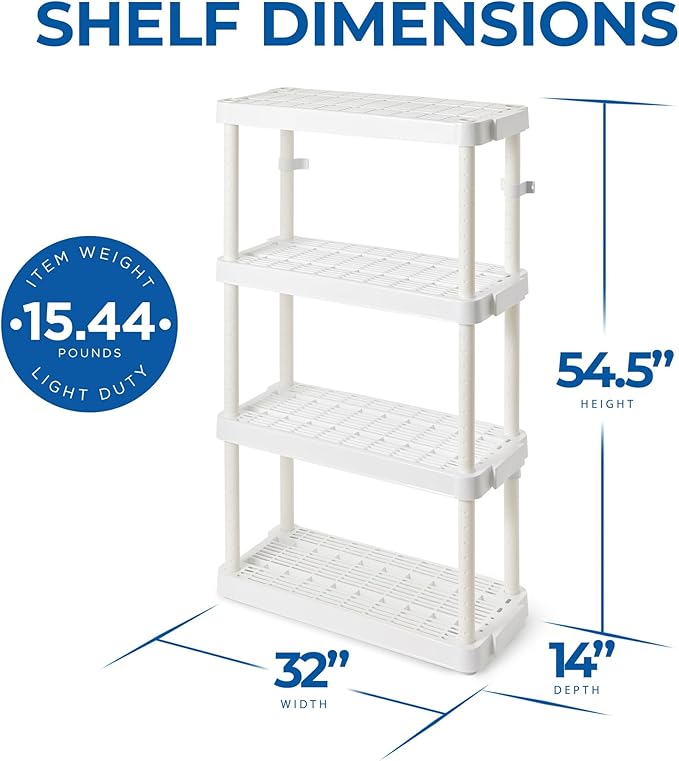 Gracious Living 4 Shelf Adjustable Height Medium Duty Storage Unit 14 x 32 x 54.5 Organizer for Home, Garage, Basement, & Laundry, White (3 Pack)