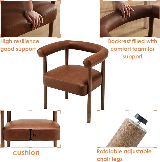 Mid-Century Modern Dining Chairs Set of 2, Armrest Barrel Dining Chairs Side Accent Chairs with Curved Back, Upholstered Wood Armchairs for Kitchen, PU Leather Brown