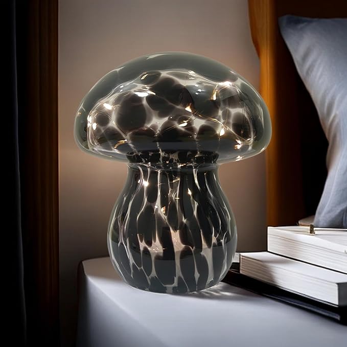 Mushroom Table Lamps Night Lights Cute Glass Nightstand Bedside Desk Lamps for Bedroom Living Study(Bulb Included) - Black