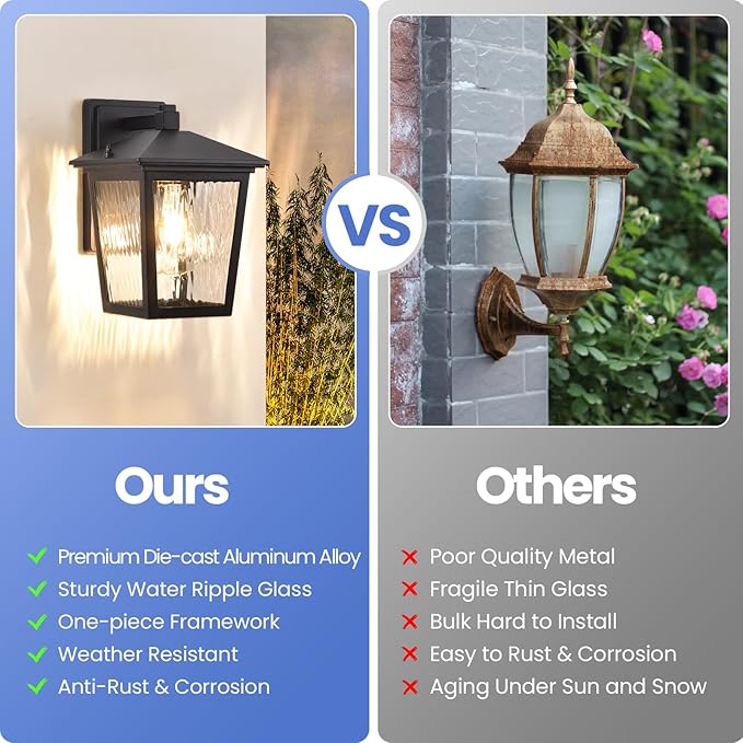 Wall Light, Exterior Waterproof Sconce in Black, Anti-Rust Light Fixture with Water Glass, Modern Outdoor Lantern for House Balcony Entryway Garage