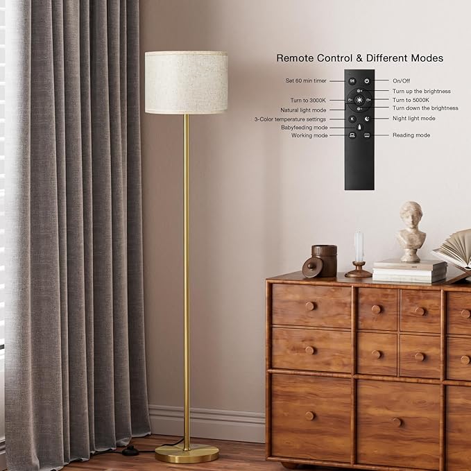 Ambimall 60'' Modern Floor Lamp with Remote, Tall Lamps for Living Room, Bedroom, Office, Dining Room, Beige Shade with Gold Pole(Included Bulb)