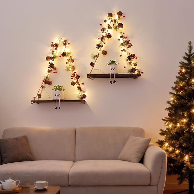 Floating Shelves for Wall, Hanging Shelves with Christmas Pinecone & Bell LED String Light, No Drilling Hanging Shelf, Wood Hanging Plant Shelves for Wall Décor, Boho Decor, Art Bedroom