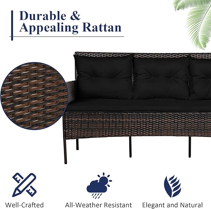Tangkula 3 Pieces Patio Conversation Set, All Weather Outdoor PE Rattan Wicker Furniture Set with Padded Cushions, Tempered Glass Coffee Table, for Poolside, Backyard, Garden