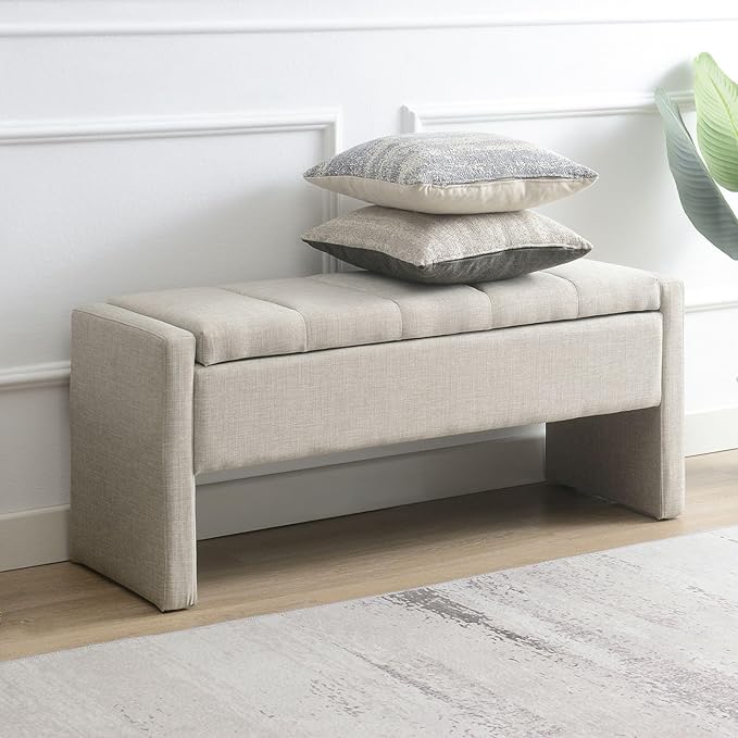 47.25'' Ottoman with Storage, End of Bed Storage Bench, Entryway Bench - Linen Upholstered Multi-Functional Footrest for Bedroom, Living Room, Dorm & Window Bench (Light Grey)