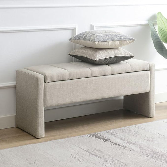 47.25'' Ottoman with Storage, End of Bed Storage Bench, Entryway Bench - Linen Upholstered Multi-Functional Footrest for Bedroom, Living Room, Dorm & Window Bench (Light Grey)