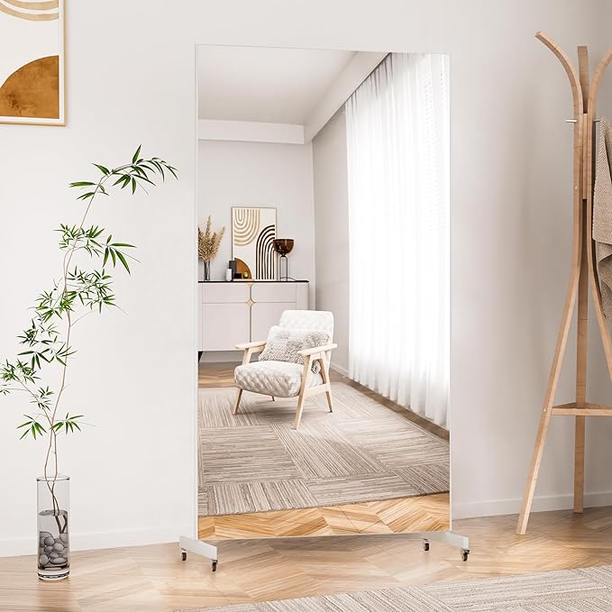 brisafe Full Length Mirror with Wheels, 79" x 44", White, Nano Film Material Without Glass, shatterproof, Safe, Lightweight, only 16lbs Easy to Move and Install, for Home Gym, Dance & Yoga Studios.