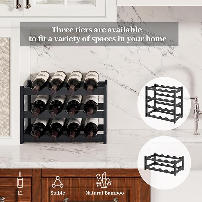 Wine Rack，Bamboo Wine Storage Cabinet Shelf，Countertop Wine Shelf- Freestanding Wine Holder for Kitchen & Pantry (Black, 3-Tier)