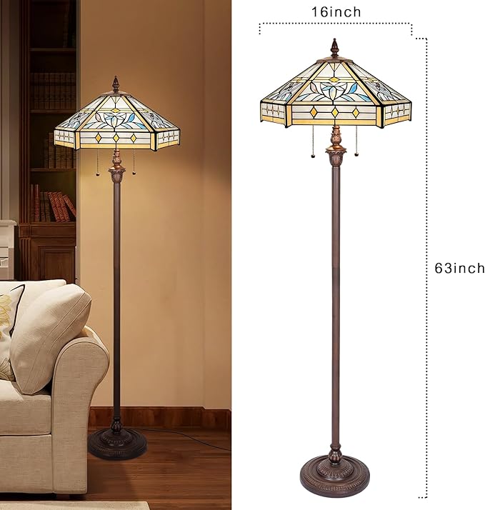 Capulina Tiffany Lamp Stained Glass Floor Lamp 2-Light 16X16X63 Inches Mission Hexagon Tiffany Style Standing Reading Lamp for Living Room Bedroom Home Office
