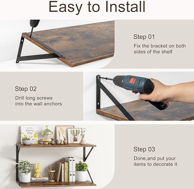 10 Inch Deep Floating Shelves, Floating Shelves 30 Inch Long, Rustic Wood Wall Shelves 30"W x 10"D, Deep Floating Shelf with Bracket, Wide Storage Shelves for Living Room, Bathroom, Rustic Brown