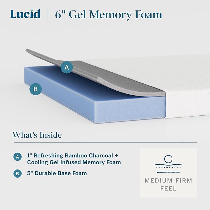 Lucid 6 Inch Memory Foam Mattress – Low Profile – Medium Firm Feel - Infused with Bamboo Charcoal and Gel - Bed in a Box - Temperature Regulating - Breathable - Queen Size