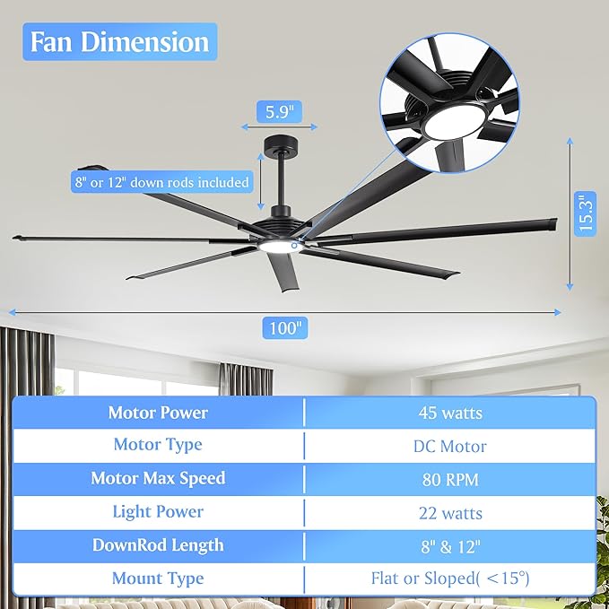 100 Inch Ceiling Fans with Lights, Black Industrial Ceiling Fan and Remote for Living Room Shop Garage, Large Outdoor Ceiling Fans for Patios, 7 Aluminum Blades, Reversible DC Motor, Dimmable, ETL