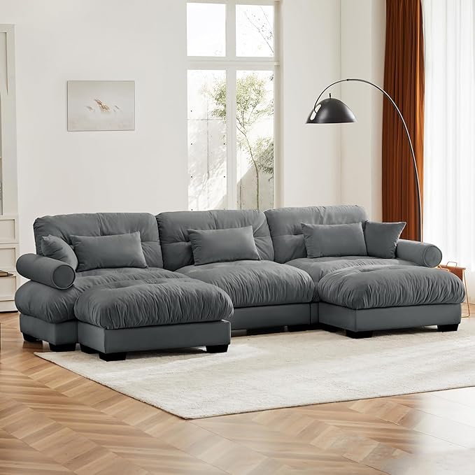 130" Grey Modular Sectional Sofa, 3 Seater Large Sectional Couches for Living Room, Velvet Fabric Oversized Fluffy Cloud Couch with Ottoman, Deep Seat Home Sofas Set, Sofá Moderno, U Shaped