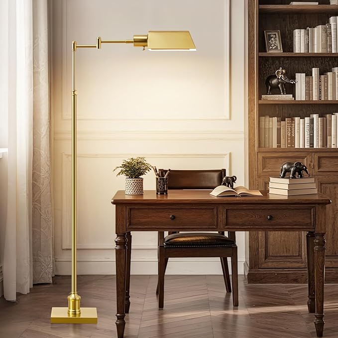 GyroVu Traditional Height Adjustable Pharmacy Floor Lamp with 350° Swing Arm, Color Temperature Adjustable Standing Lamp Metal Shade for Living Room Reading House Bedroom Home Office(Gold)