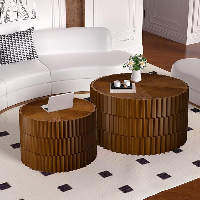 Round Nesting Coffee Table Set of 2 Walnut Round Drum Fluted Coffee Tables for Small Space Modern Stacking Nesting Tables Minimalist Circle Center Table 2 Piece for Living Room (Walnut)