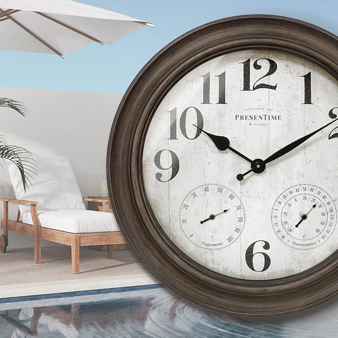 Presentime & Co. 26" Clifton in/Outdoor Farmhouse Clock with Thermometer & Hygrometer as All in One Weather Station, Farmhouse Wall Art and Timepiece for Home Decoration, Grey Oak Finish