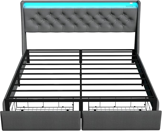 SADENICEL Full Size Bed Frame with Storage Headboard and 2 Drawer, Metal Full Bed Frame Platform with LED Light, Charging Station, No Box Spring Needed, Noise Free, Easy Assembly, Grey
