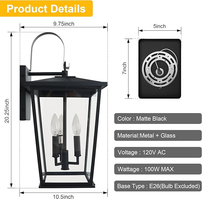 Kalium Modern Outdoor Wall Sconce Fixture 20 1/2", Matte Black, 3-Light Exterior Wall Mount Lighting with Clear Glass Panels for House Porch Patio Outside Deck Garage Yard Front Door Garden Home