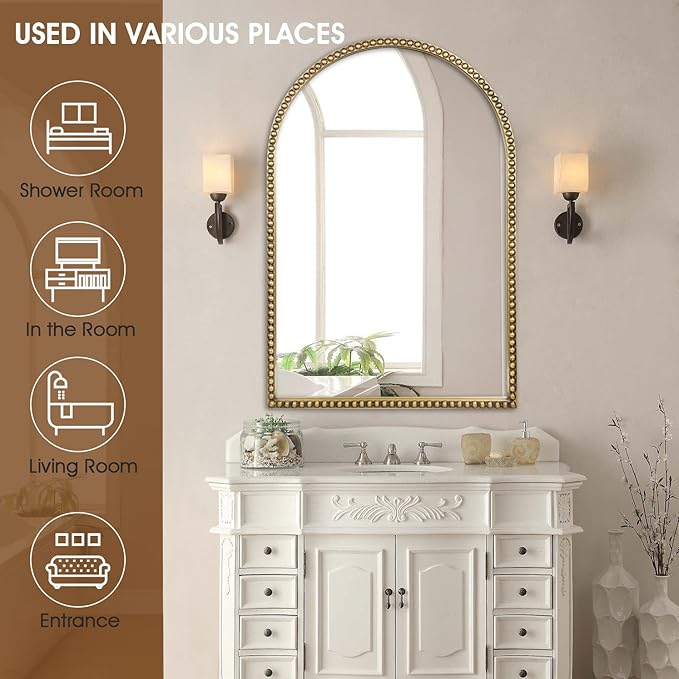 Arched Wall Mirror for Bathroom - 24"x36" Metal Beaded Frame Decorative Accent Mirror, Large Modern Rustic Distressed Hanging Wall Decor for Washroom, Bedroom, Living Room, Entryway, Antique Gold