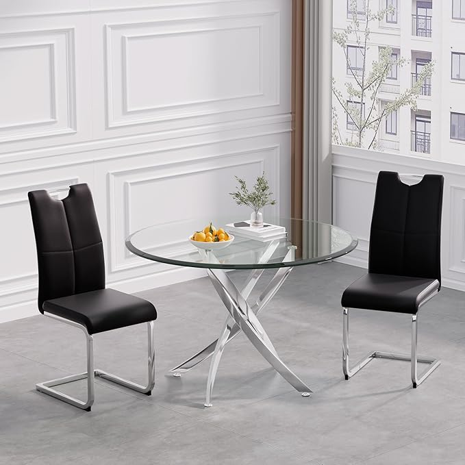 36" Round Dining Table for 4, Glass Kitchen & Dining Room Tables, Modern Circle Dining Room Table w/0.39" Tempered Glass Tabletop,Silver Finish Stainless Steel Legs for Dinner Small Space(No Chairs)