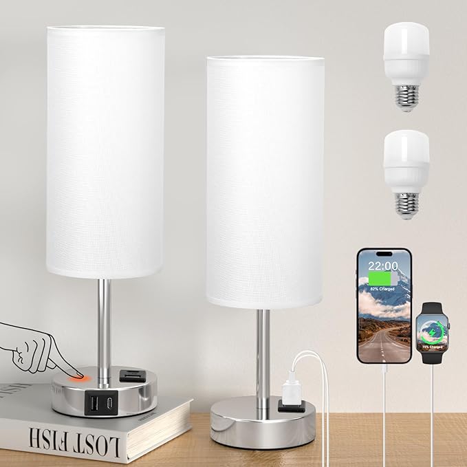 Bedside Table Lamps for Bedroom Set of 2 - Touch Lamp for Nightstand with USB-A+C Charging Ports - 3 Way Dimmable Small Desk Lamp White for Office, Dorm Room, Living Room, Reading, Nursery