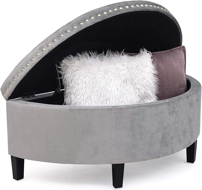 Homebeez 43" Half Moon Storage Ottoman Bench, Lift Top Velvet Storage Ottoman Bench for Bedroom Living Room(Light Gray)