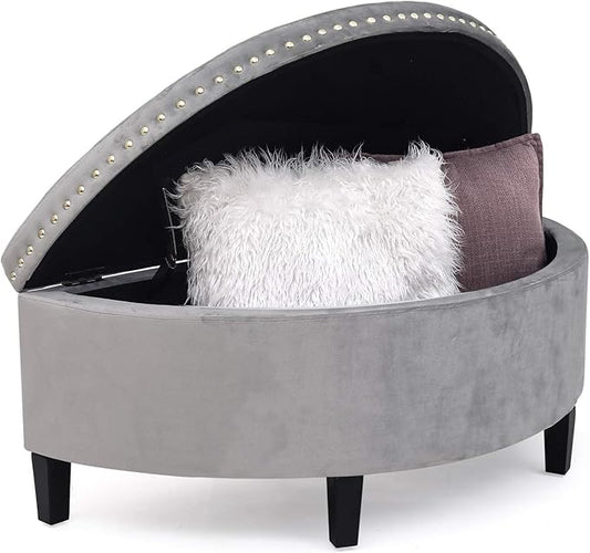 Homebeez 43" Half Moon Storage Ottoman Bench, Lift Top Velvet Storage Ottoman Bench for Bedroom Living Room(Light Gray)
