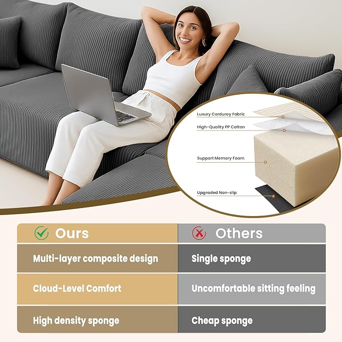 Oversize 131” Boneless Couch for Living Room, Comfort U Shaped Cloud Couch Sectional, Extra Deep Seats Corduroy Modular Sectional Sofa No Assembly,Grey