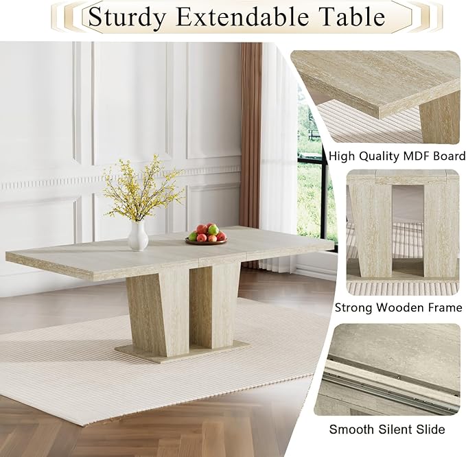 Goujxcy 9-Piece Extendable Dining Table Set for 8, 63-78 Inch Faux Travetine Kitchen Table Set with 8 Grey Upholstered Chairs Modern Wood Expandable Dining Room Table Set for Kitchen Apartment