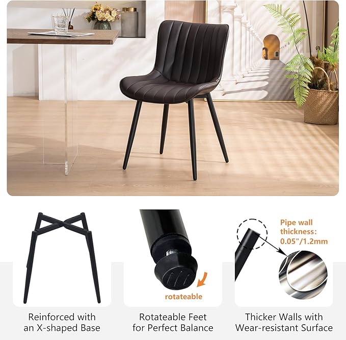 YOUNUOKE Dining Chairs Set of 2 Upholstered Mid Century Modern Kitchen Chair Comfortable Armless Faux Leather Accent Chair with Metal Legs for Guest Waiting Reception Living Room, Dark Brown