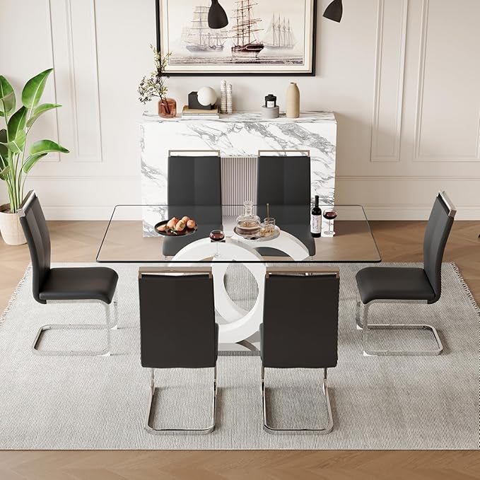 63'' Glass Dining Table Set for 6, Kitchen Table Chairs Set of 6, Clear Glass Dining Table with White unique design Leg and Silver Metal Base, 6 PU Dining Chairs with Metal Legs, Living Room, Kitchen.