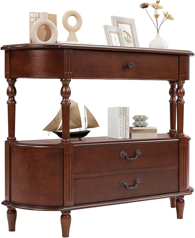 HMFULE Solid Wood Retro Curved Console Table, 43" Half Moon Console Table Sofa Table Entryway Table with 3 Drawers Open Shelf Pine Roman Legs Curved Corners for Living Room,Entryway,Hallway,Cherry