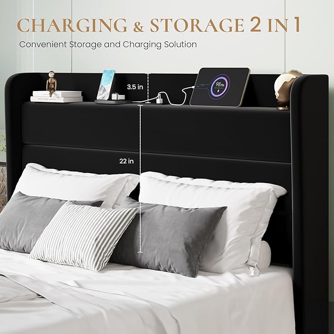 SHA CERLIN Queen Bed Frame with Charging Station, Velvet Upholstered Platform Bed, Wingback Storage Headboard, Type-C & USB Ports, Strong Wooden Slats, No Box Spring Needed, Easy Assembly, Black