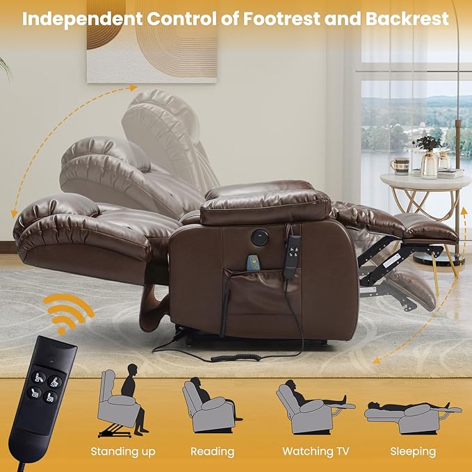 PARKOL Dual Motor Power Lift Recliner Chair for Elderly, 180-Degree Infinite Position Lay Flat Leather Recliner Chairs, with Massage and Heating, USB & Type-C Port and Remote (Brown, Medium)