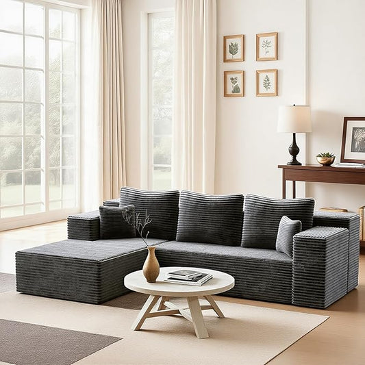 106'' Boneless Couches for Living Room, L Shaped Modular Sectional Sofa with Chaise Lounge, Faux Rabbit Fur & Layered Cushion Deep Seat Cloud Couch, No Assembly (Dark Grey, Left Facing Chaise)