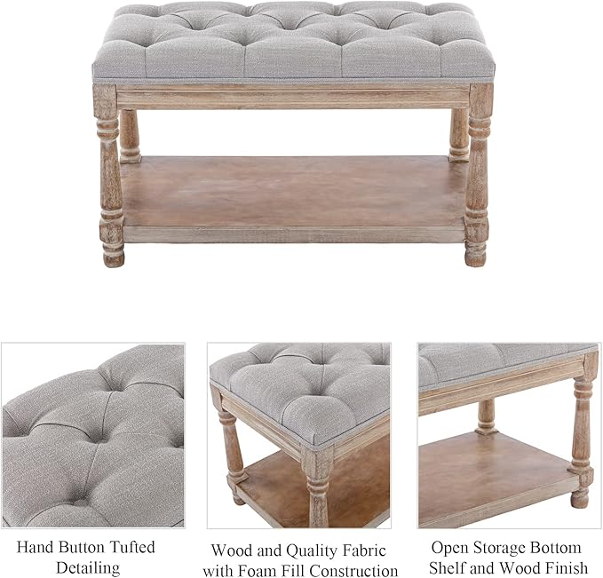DUOMAY Farmhouse Tufted Storage Ottoman Bench with Shelf, 31.5" Width Linen Upholstered Entryway Shoe Ottoman Foot Stool for Bedroom Living Room Dining Room, Grey