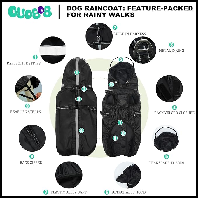 Dog Raincoat XXL, Waterproof Dog Raincoats For Large Dogs with Adjustable Built-in Harness & Back Zipper,Reflective Strip,Removable Hood,for Rainy Walks, Muddy Roads or After-Bath Outings-Black