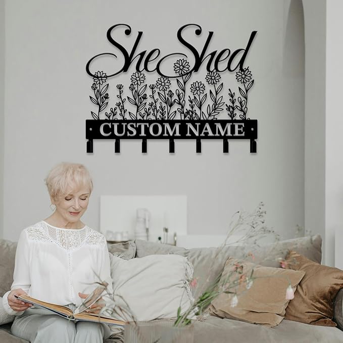 Personalized She Shed Keys Hooks,Custom Name Metal She Shed Art Keys Hooks,Metal She Shed Lover Wall Home Storage Decorative Keys Hooks,Key Holder Hooks for Wall (Style H)
