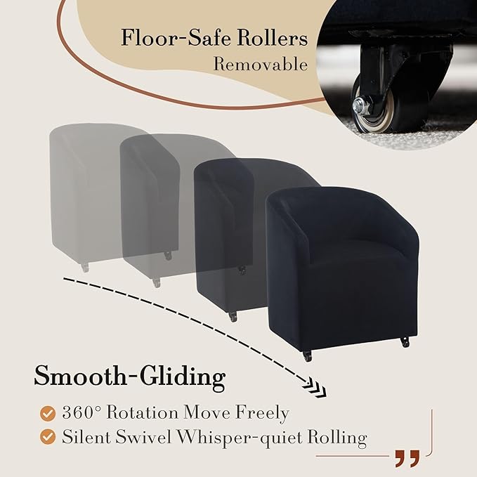 Black Barrel Dining Chairs Swivel on Casters Set of 2, Modern Velvet Upholstered Dining Room Chairs with Arms Back Accent Side Chairs for Bedroom Living Room Kitchen