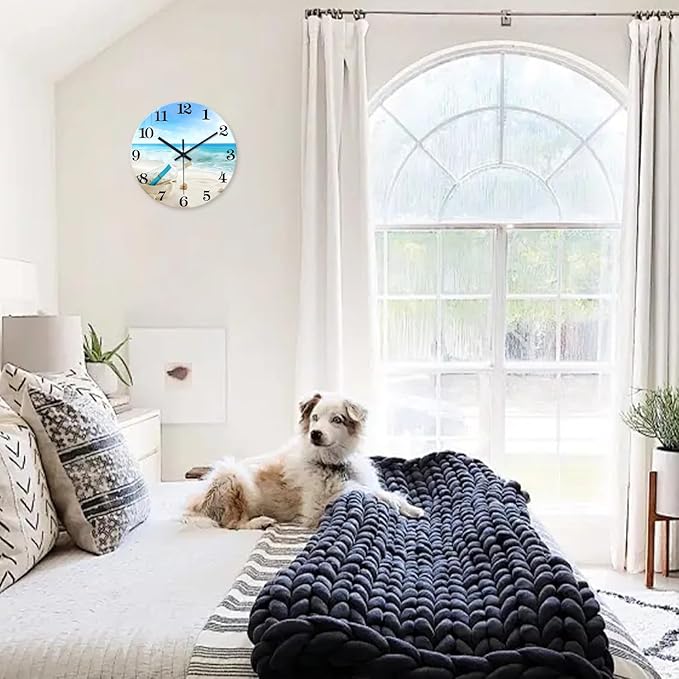 XNM Round Beach Blue Wall Clock for Bedroom Glass Small Wall Clocks Battery Operated 12 Inch Farmhouse Clocks for Walls