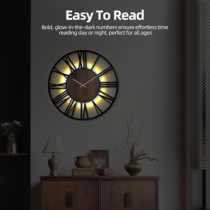 32 Inch Large Metal Wall Clock with Voice and Light Sensor Night Light, Glow in The Dark Non-Ticking Silent Battery Operated Decorative Oversized Wall Clock for Bedroom Living Room Decor