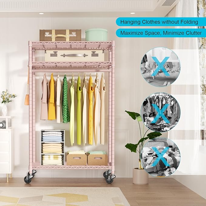 FUTASSI P3 Rolling Clothes Rack, Clothing Racks for Hanging Clothes, Heavy Duty Garment Rack with Wheels, Freestanding Portable Closet Organizer 39.4''W x 14''D x 78.5''H, Max Load 464 LBS, Pink