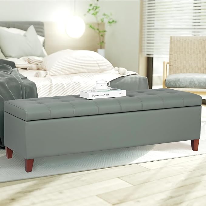 Joveco 51 Inch Storage Ottoman Bench,Tufted Leather Storage Bench for Bedroom (51”,Gray Green)