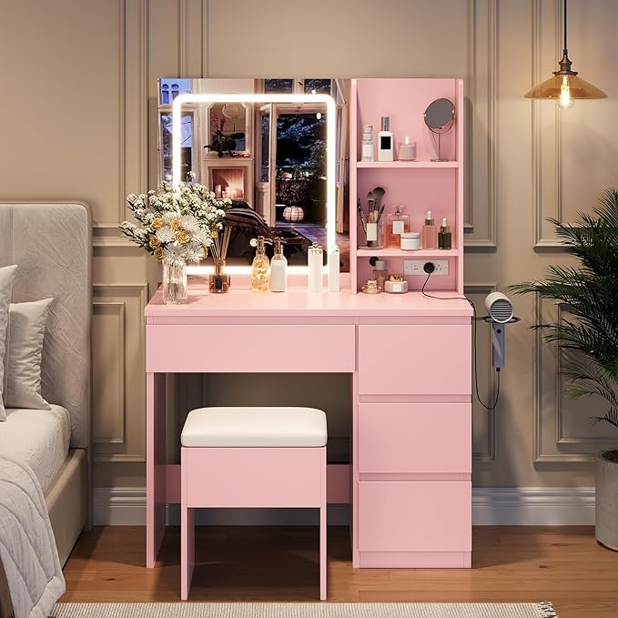 GarveeHome Vanity Desk with Mirror and Lights - Modern Makeup Dressing Table with Outlets, Storage Stool, 4 Drawers & Hair Dryer Holder - 3 Colors LED Vanity Mirror, Vanities for Bedroom, Pink